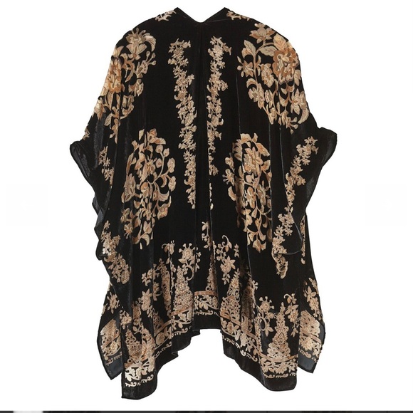 Signals Black Gold Tan Burnout Floral Soft Velvet Poncho Kimono 18 One Size - Picture 3 of 12